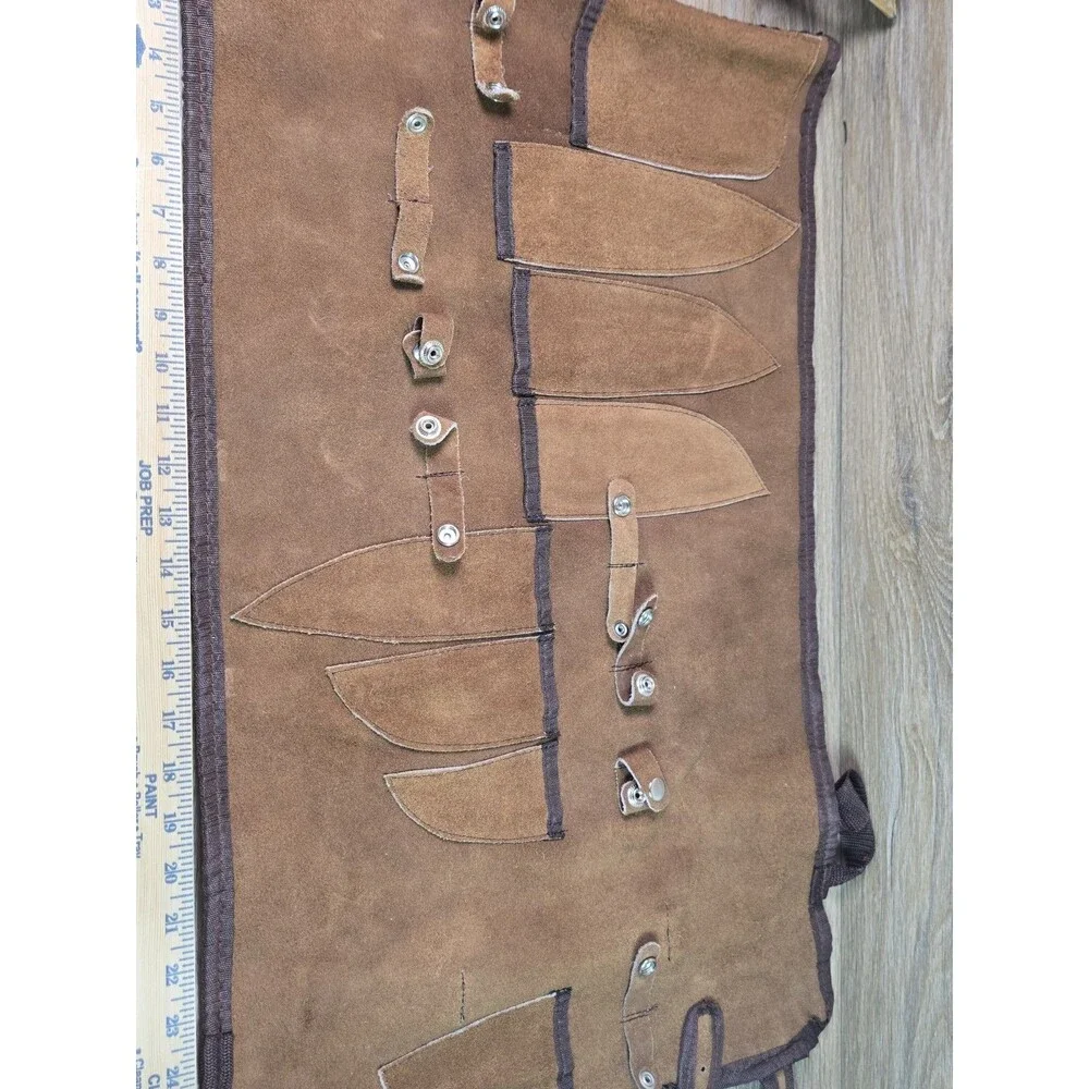 Vtg. Unbranded Suede Leather Chef Knife Roll Storage Case Carrier 8 Pocket